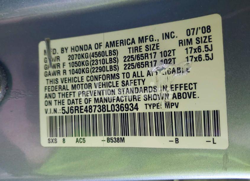 Photo 9 of 2008 Honda Cr-v EX-L (VIN 5J6RE48738L036934)