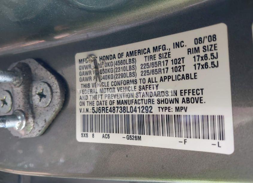 Photo 9 of 2008 Honda Cr-v EX-L (VIN 5J6RE48738L041292)