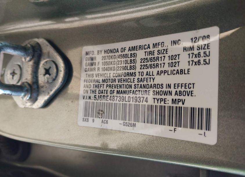 Photo 9 of 2009 Honda Cr-v EX-L (VIN 5J6RE48739L019374)