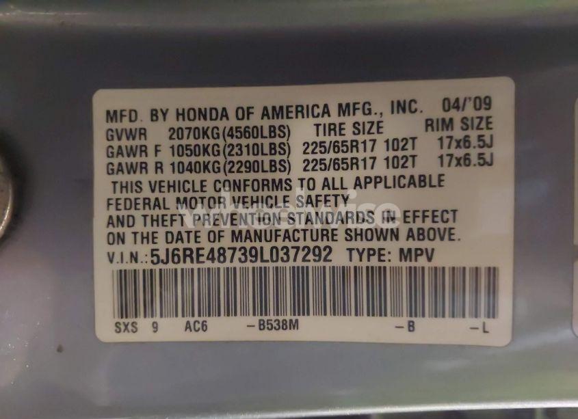 Photo 9 of 2009 Honda Cr-v EX-L (VIN 5J6RE48739L037292)