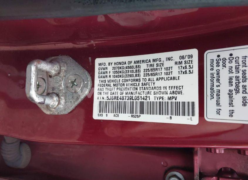 Photo 9 of 2009 Honda Cr-v EX-L (VIN 5J6RE48739L051421)