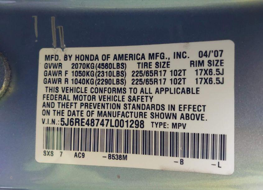 Photo 9 of 2007 Honda Cr-v EX-L (VIN 5J6RE48747L001298)