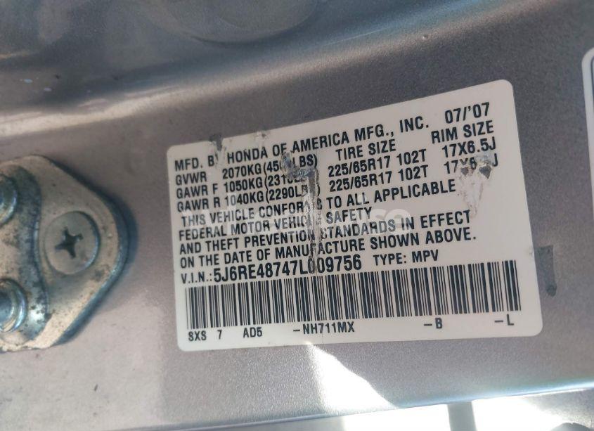 Photo 9 of 2007 Honda Cr-v EX-L (VIN 5J6RE48747L009756)