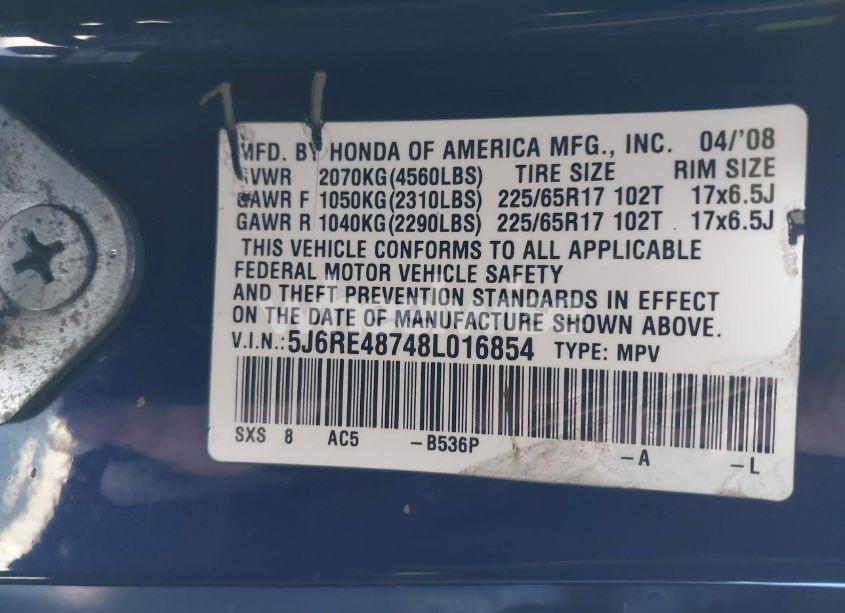 Photo 9 of 2008 Honda Cr-v EX-L (VIN 5J6RE48748L016854)