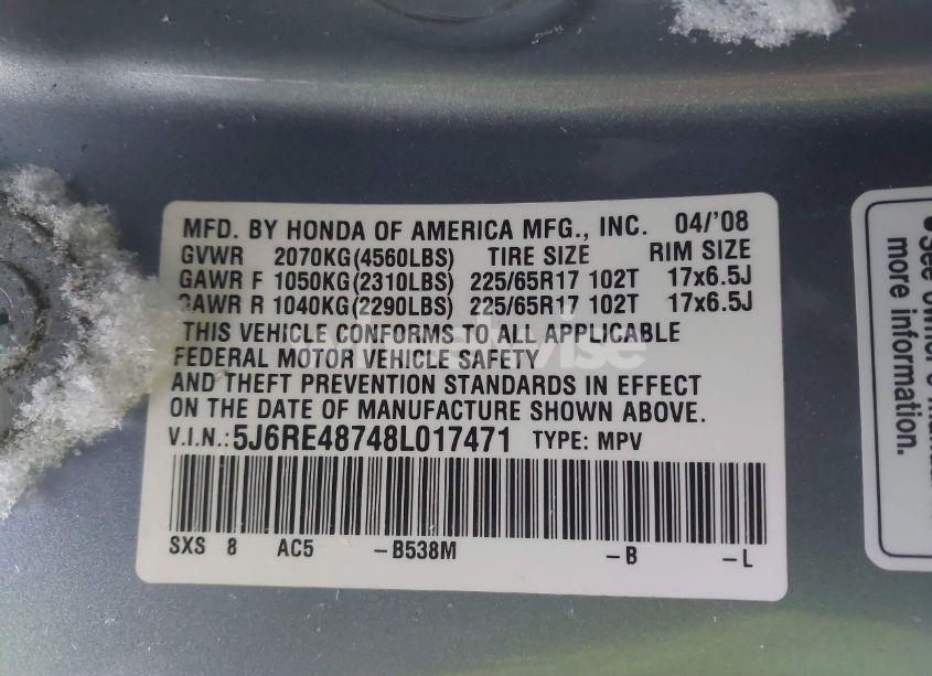 Photo 9 of 2008 Honda Cr-v EX-L (VIN 5J6RE48748L017471)