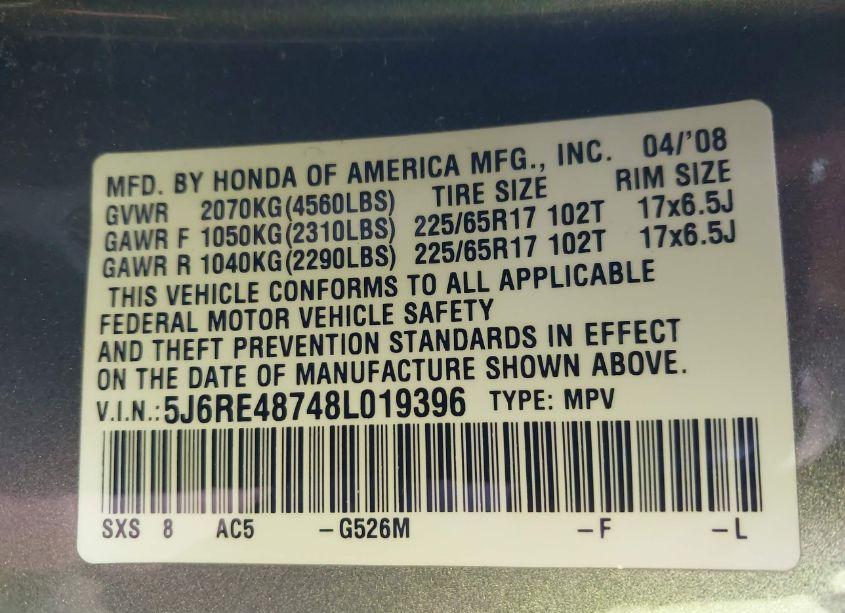 Photo 9 of 2008 Honda Cr-v EX-L (VIN 5J6RE48748L019396)