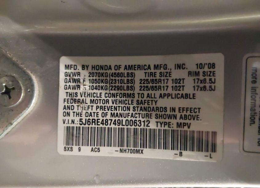 Photo 9 of 2009 Honda Cr-v EX-L (VIN 5J6RE48749L006312)