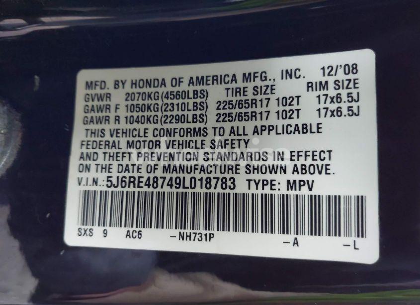 Photo 9 of 2009 Honda Cr-v EX-L (VIN 5J6RE48749L018783)