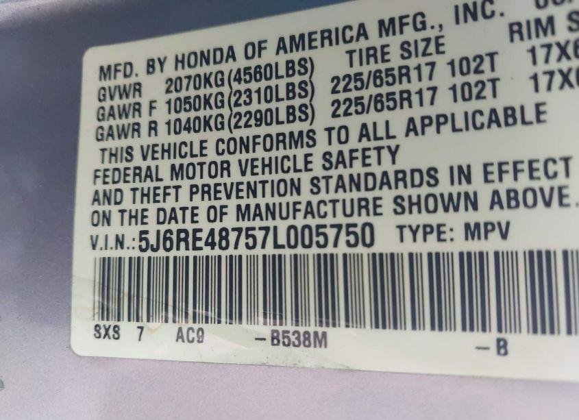 Photo 9 of 2007 Honda Cr-v EX-L (VIN 5J6RE48757L005750)