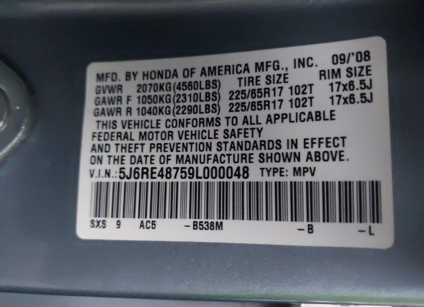 Photo 9 of 2009 Honda Cr-v EX-L (VIN 5J6RE48759L000048)