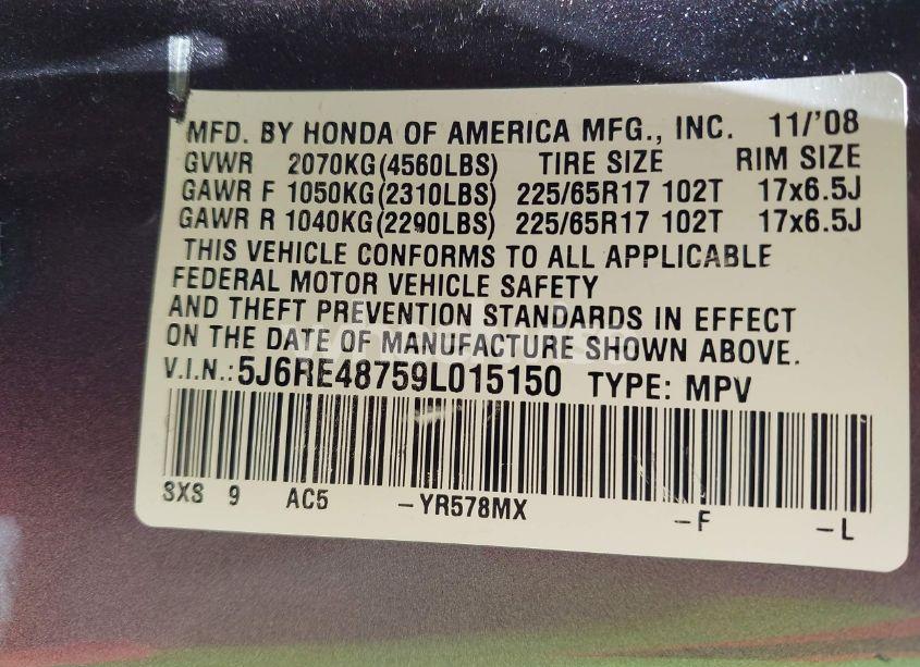 Photo 9 of 2009 Honda Cr-v EX-L (VIN 5J6RE48759L015150)