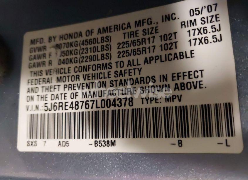 Photo 9 of 2007 Honda Cr-v EX-L (VIN 5J6RE48767L004378)