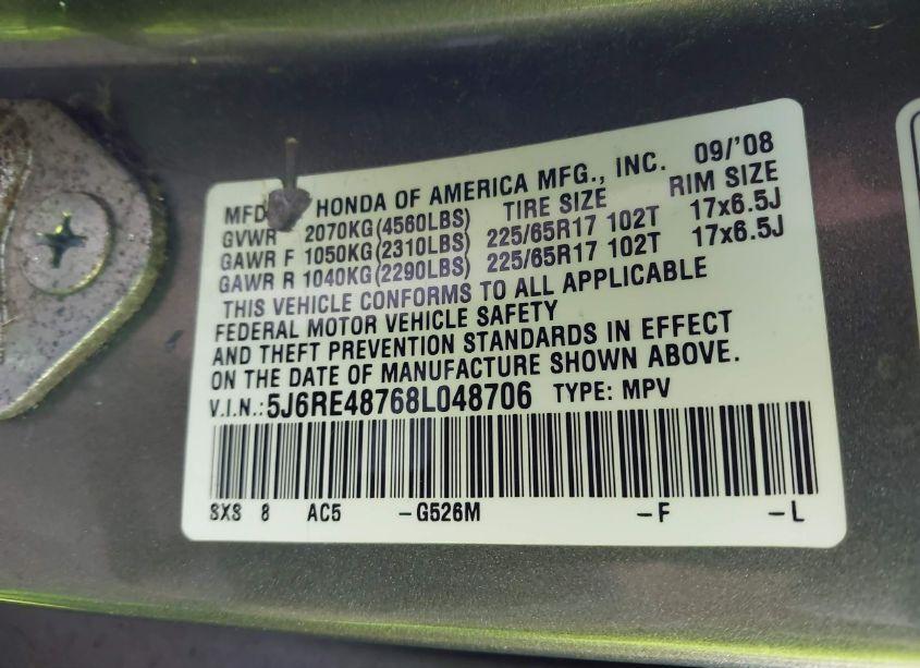 Photo 9 of 2008 Honda Cr-v EX-L (VIN 5J6RE48768L048706)