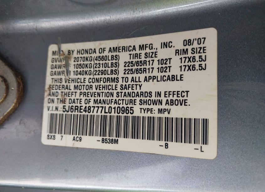 Photo 9 of 2007 Honda Cr-v (VIN 5J6RE48777L010965)