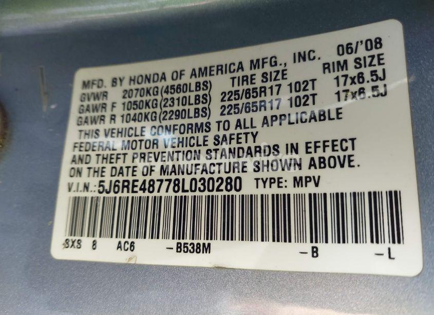 Photo 9 of 2008 Honda Cr-v EX-L (VIN 5J6RE48778L030280)
