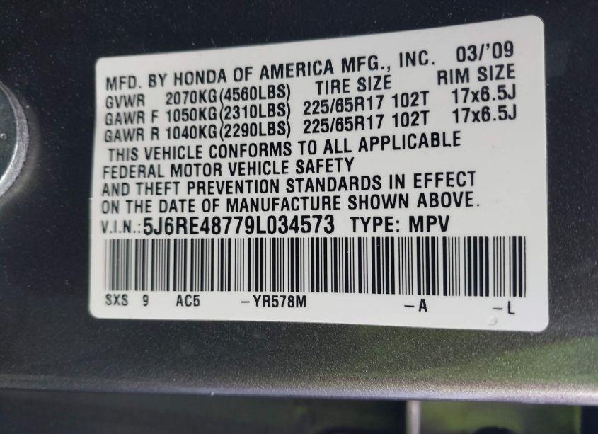 Photo 9 of 2009 Honda Cr-v EX-L (VIN 5J6RE48779L034573)