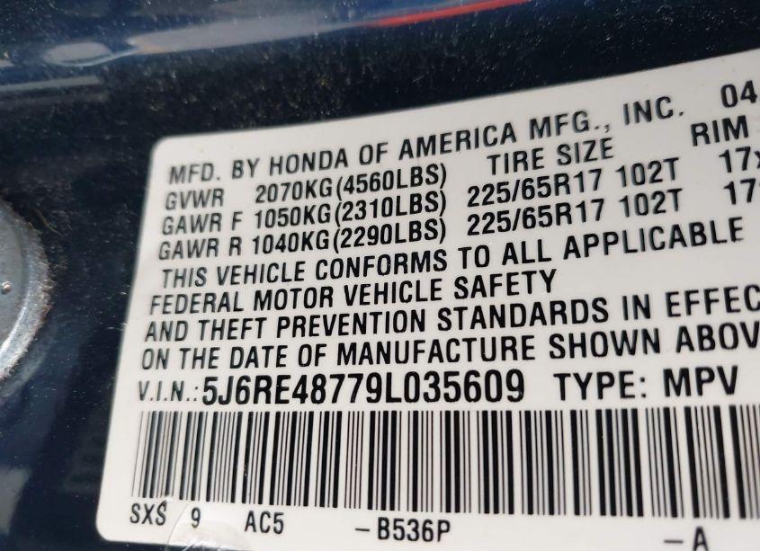 Photo 9 of 2009 Honda Cr-v EX-L (VIN 5J6RE48779L035609)