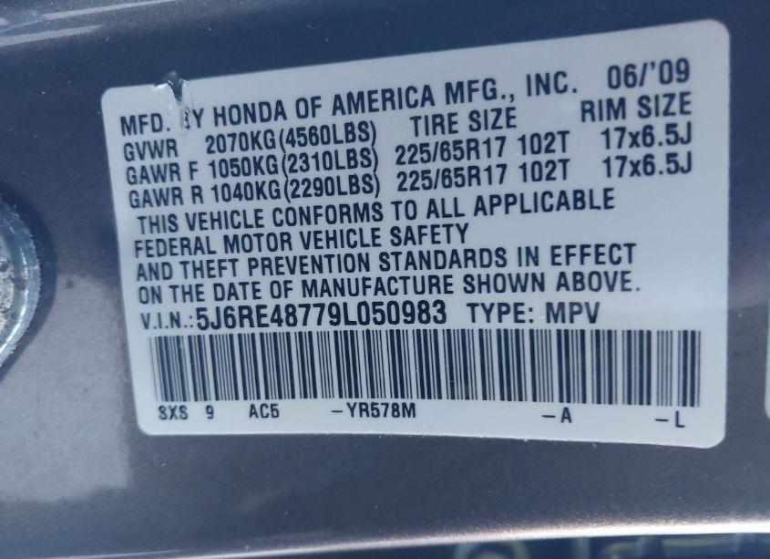 Photo 9 of 2009 Honda Cr-v EX-L (VIN 5J6RE48779L050983)