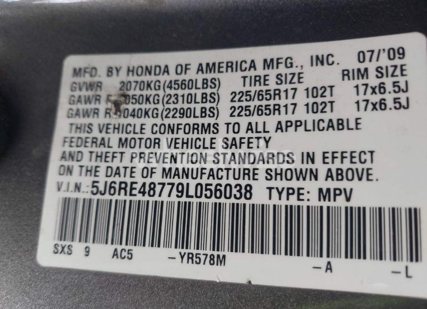 Photo 9 of 2009 Honda Cr-v EX-L (VIN 5J6RE48779L056038)