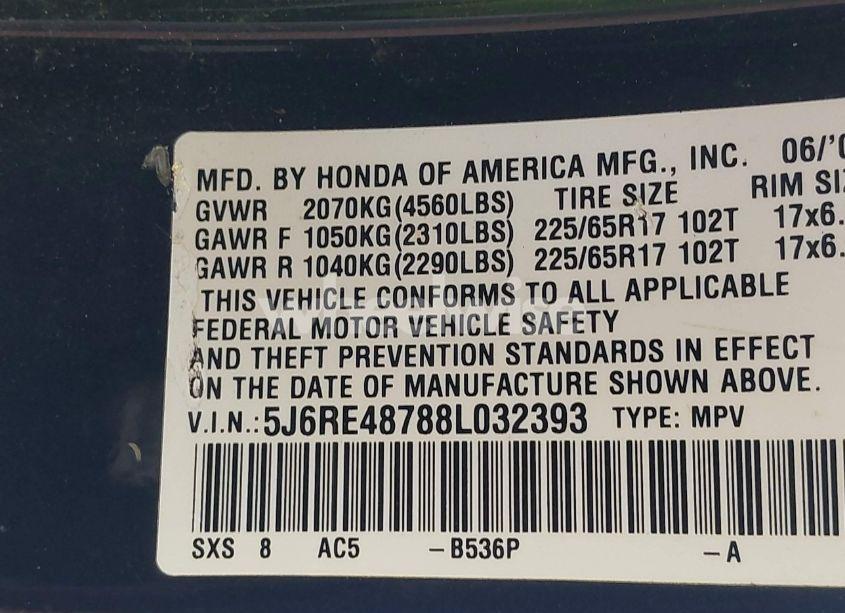 Photo 9 of 2008 Honda Cr-v EX-L (VIN 5J6RE48788L032393)