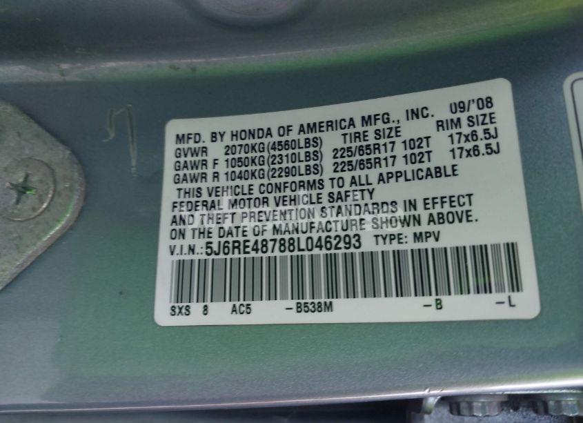 Photo 9 of 2008 Honda Cr-v EX-L (VIN 5J6RE48788L046293)