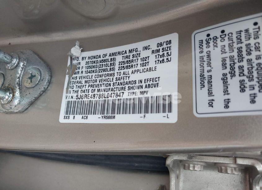 Photo 9 of 2008 Honda Cr-v EX-L (VIN 5J6RE48788L047847)