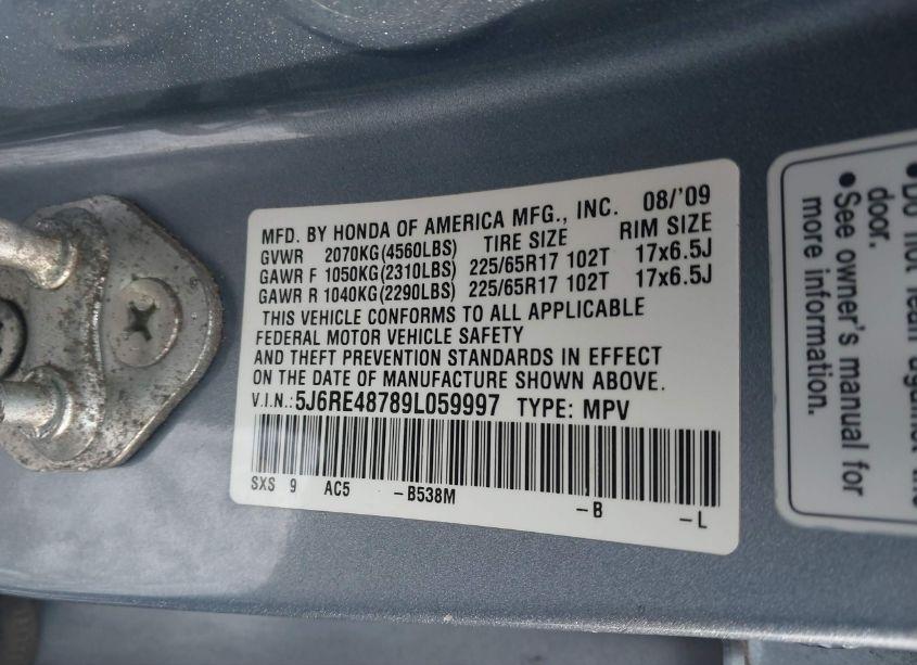 Photo 9 of 2009 Honda Cr-v EX-L (VIN 5J6RE48789L059997)