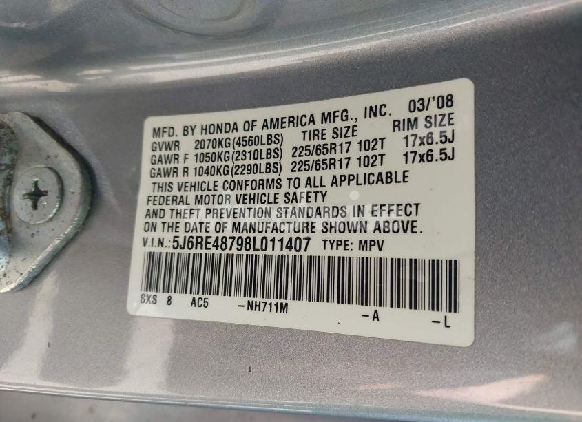 Photo 9 of 2008 Honda Cr-v EX-L (VIN 5J6RE48798L011407)