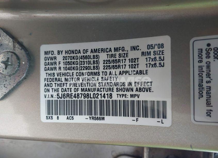 Photo 9 of 2008 Honda Cr-v EX-L (VIN 5J6RE48798L021418)