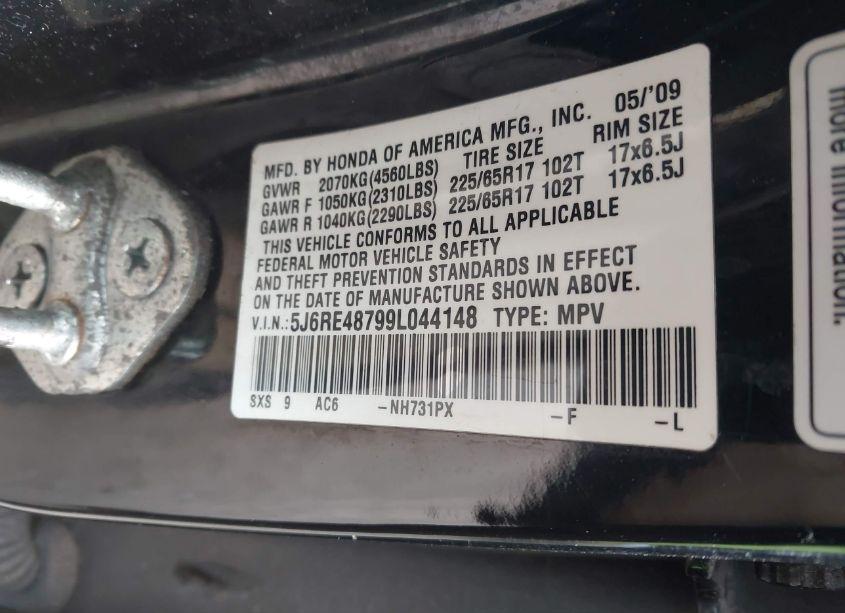 Photo 9 of 2009 Honda Cr-v EX-L (VIN 5J6RE48799L044148)