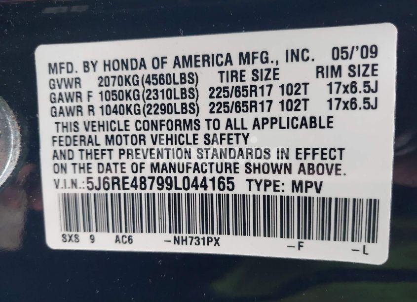 Photo 9 of 2009 Honda Cr-v EX-L (VIN 5J6RE48799L044165)