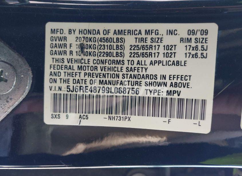 Photo 9 of 2009 Honda Cr-v EX-L (VIN 5J6RE48799L068756)