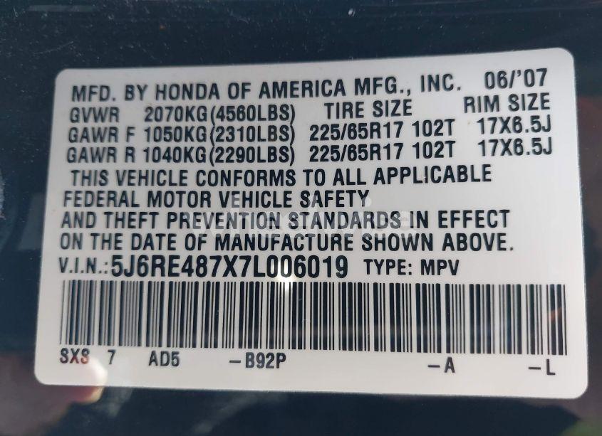 Photo 9 of 2007 Honda Cr-v EX-L (VIN 5J6RE487X7L006019)