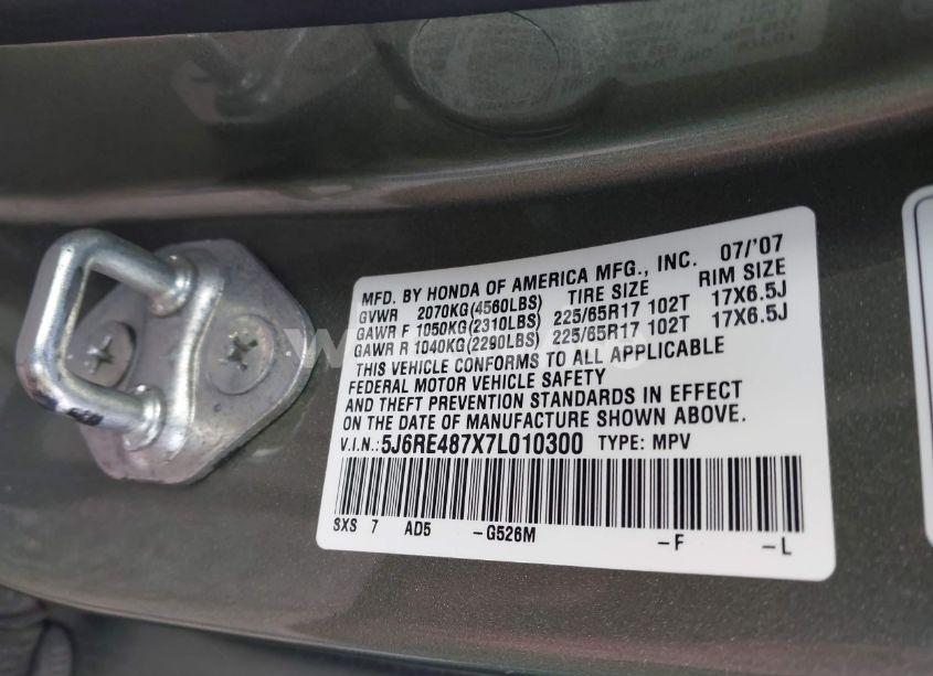 Photo 9 of 2007 Honda Cr-v EX-L (VIN 5J6RE487X7L010300)