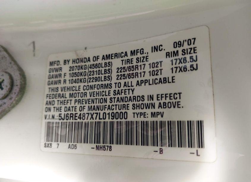 Photo 9 of 2007 Honda Cr-v EX-L (VIN 5J6RE487X7L019000)