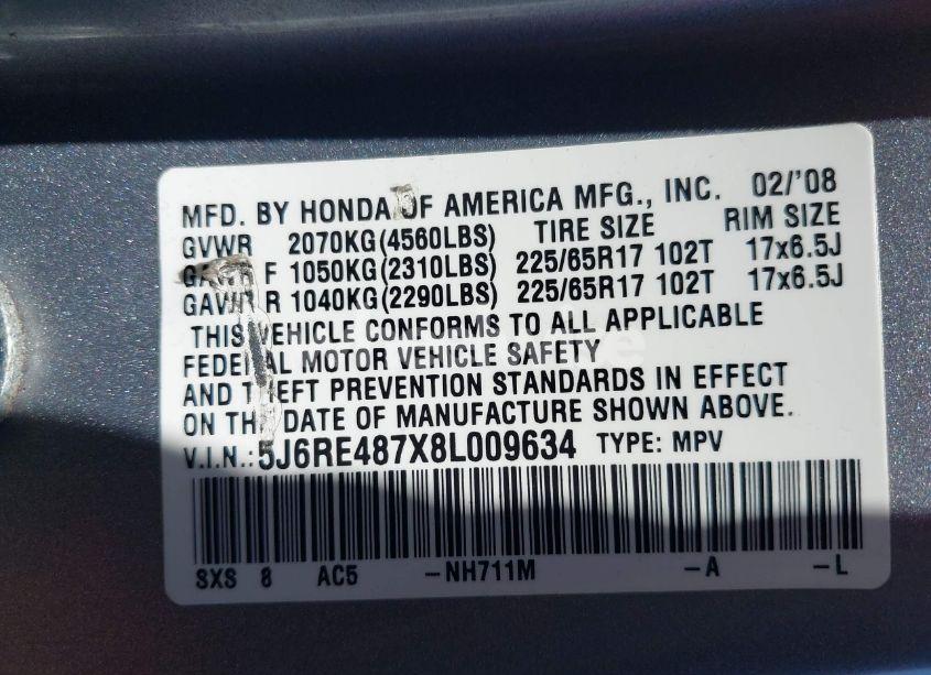 Photo 9 of 2008 Honda Cr-v EX-L (VIN 5J6RE487X8L009634)