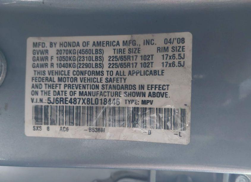 Photo 9 of 2008 Honda Cr-v EX-L (VIN 5J6RE487X8L018446)