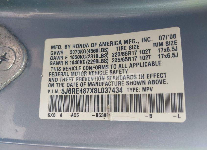 Photo 9 of 2008 Honda Cr-v EX-L (VIN 5J6RE487X8L037434)