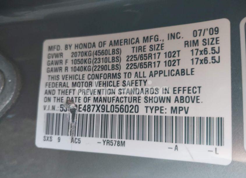 Photo 9 of 2009 Honda Cr-v EX-L (VIN 5J6RE487X9L056020)