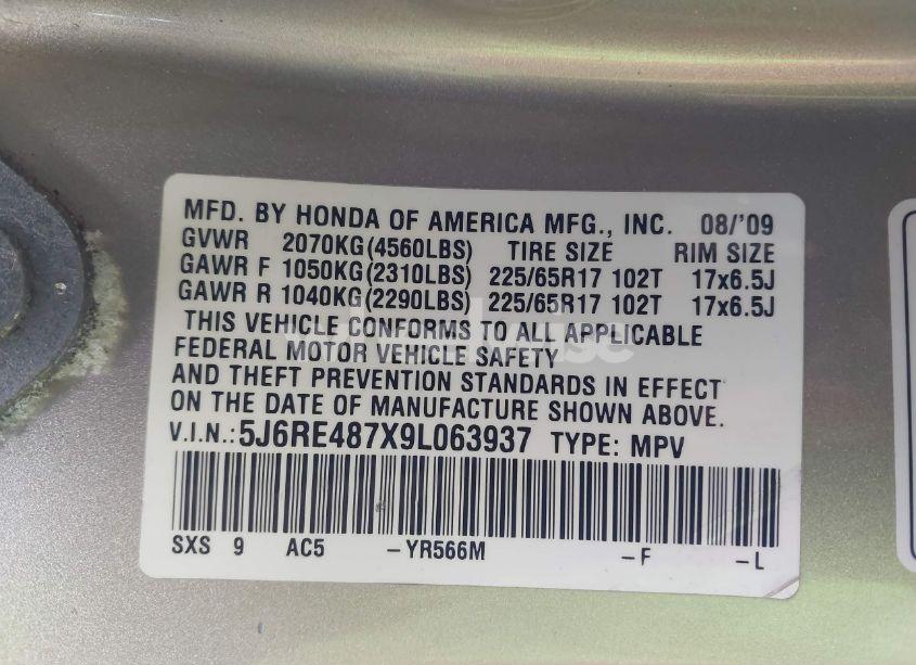 Photo 9 of 2009 Honda Cr-v EX-L (VIN 5J6RE487X9L063937)