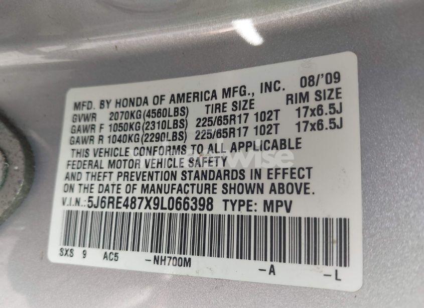 Photo 9 of 2009 Honda Cr-v EX-L (VIN 5J6RE487X9L066398)