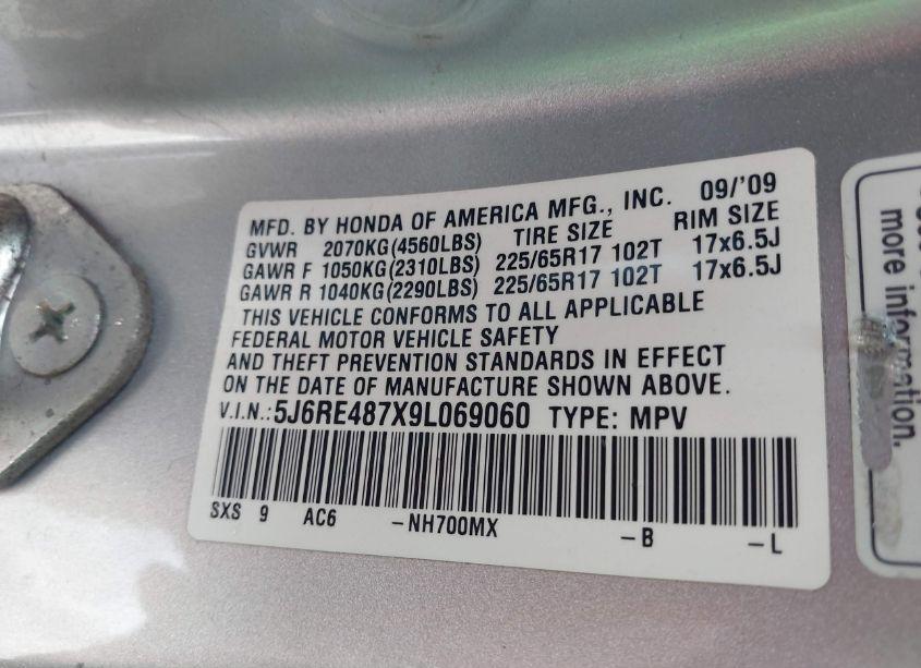 Photo 9 of 2009 Honda Cr-v EX-L (VIN 5J6RE487X9L069060)