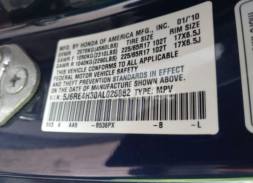 Photo 9 of 2010 Honda Cr-v LX (VIN 5J6RE4H30AL026882)