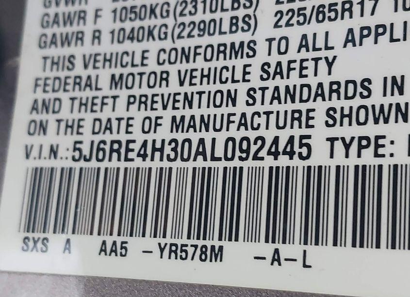 Photo 9 of 2010 Honda Cr-v LX (VIN 5J6RE4H30AL092445)