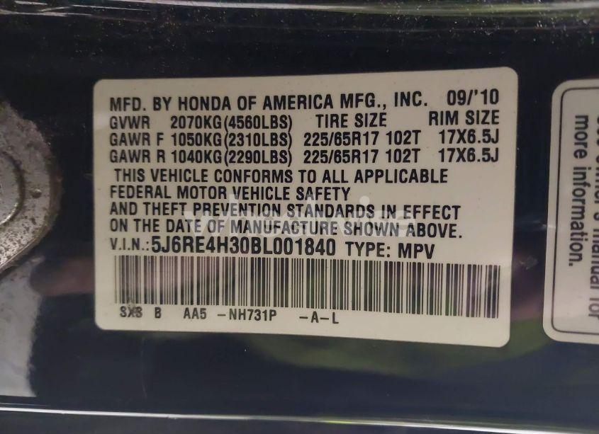 Photo 9 of 2011 Honda Cr-v LX (VIN 5J6RE4H30BL001840)