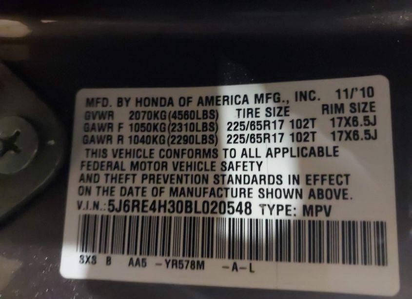 Photo 9 of 2011 Honda Cr-v LX (VIN 5J6RE4H30BL020548)