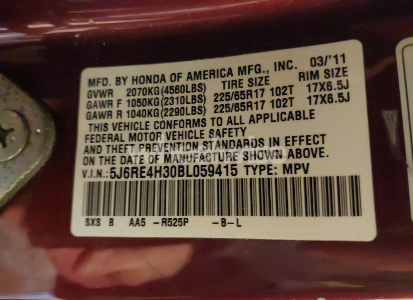 Photo 9 of 2011 Honda Cr-v LX (VIN 5J6RE4H30BL059415)
