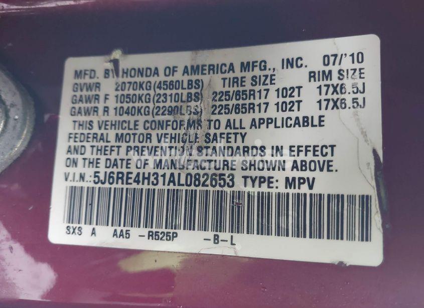 Photo 9 of 2010 Honda Cr-v LX (VIN 5J6RE4H31AL082653)