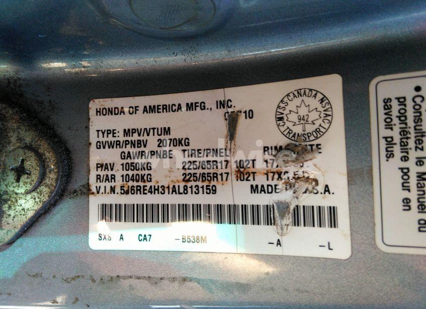 Photo 9 of 2010 Honda Cr-v LX (VIN 5J6RE4H31AL813159)