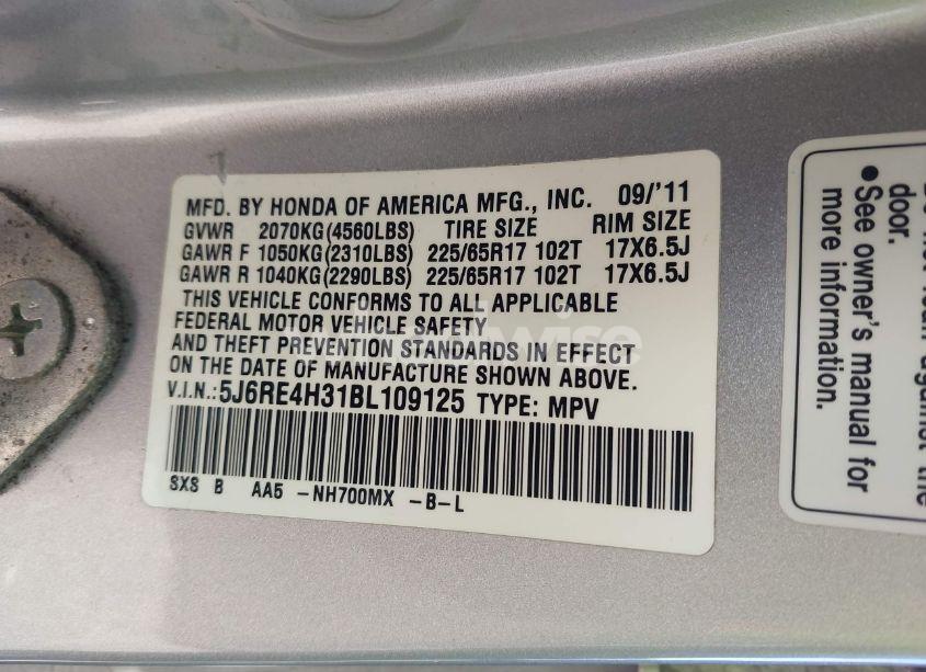 Photo 9 of 2011 Honda Cr-v LX (VIN 5J6RE4H31BL109125)